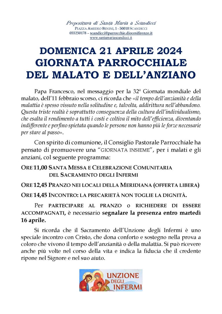 Giornata parrocchiale del malato e dell’anziano – 21 aprile 2024
